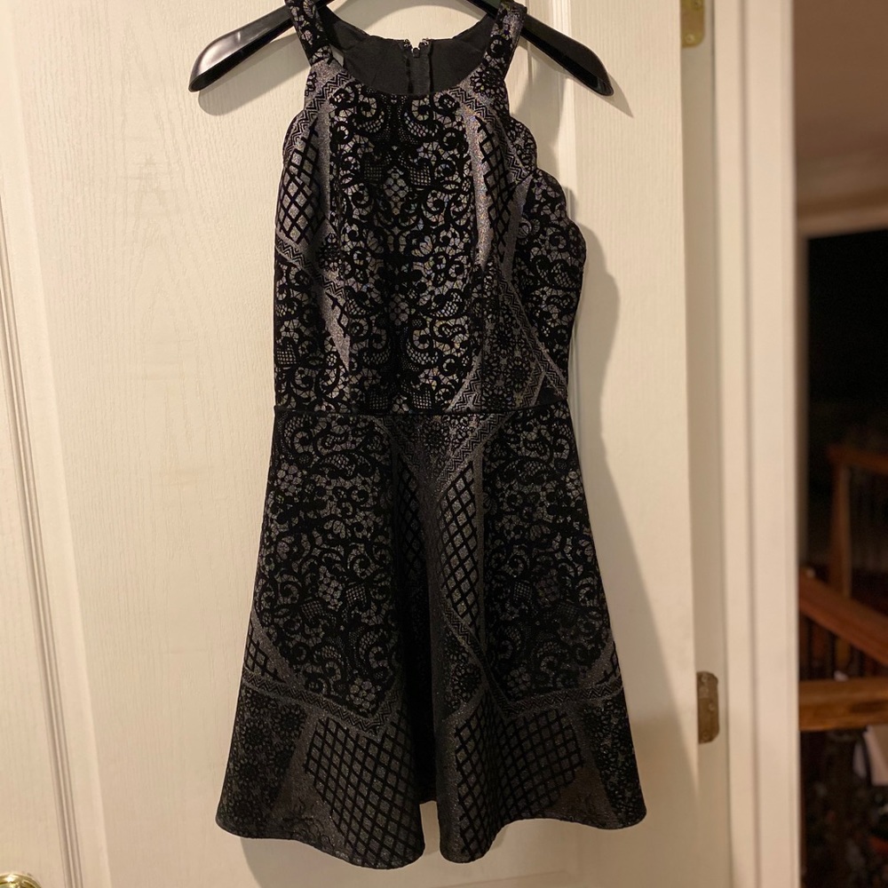 Metallic & Velvet Lace Patterned Fit & Flare Dress